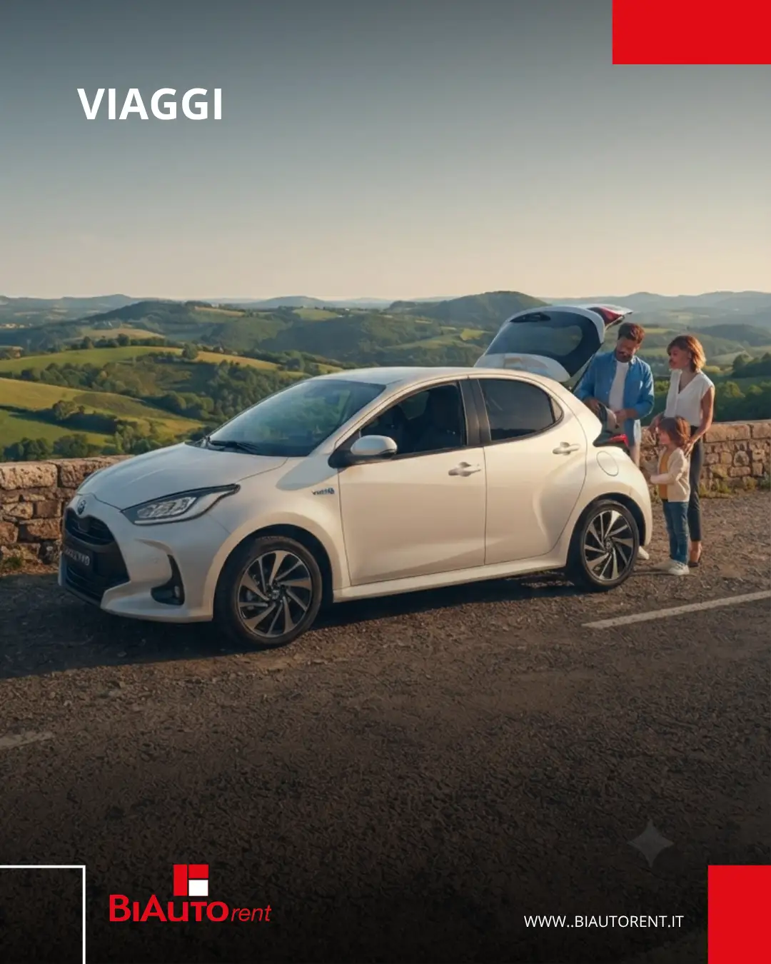Famiglia in viaggio con auto a noleggio